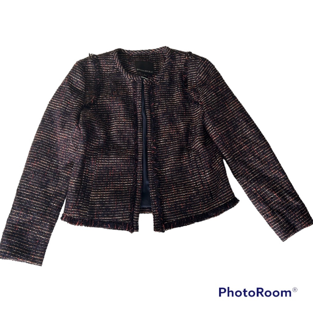Banana Republic navy red brown tweed collarless jacket blazer